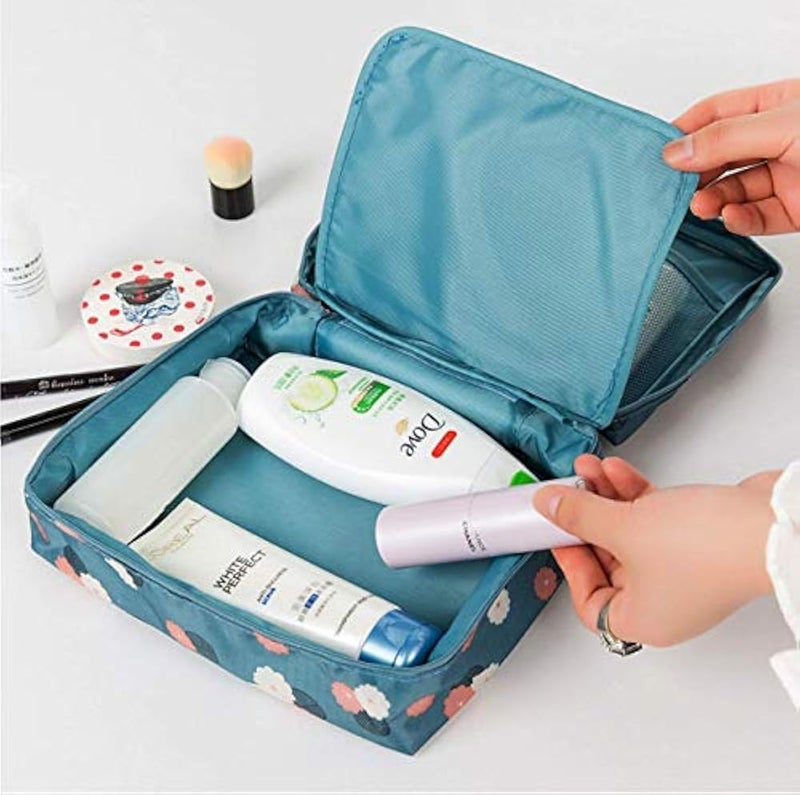 Travel Cosmetic Makeup Case Wash Organizer, ABTRIX WITH AB Women Make Up Storage Pouch Waterproof Household Grooming Kit with Handle for Women Innerwear Organizer, Blue Flowers, 23X17X8 cm, ABT00BAG - Image 3