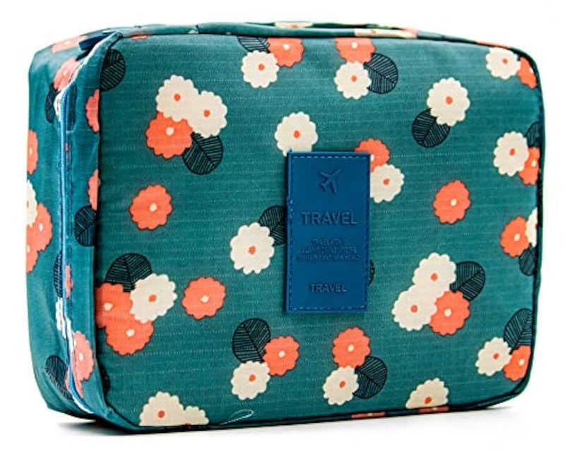 Travel Cosmetic Makeup Case Wash Organizer, ABTRIX WITH AB Women Make Up Storage Pouch Waterproof Household Grooming Kit with Handle for Women Innerwear Organizer, Blue Flowers, 23X17X8 cm, ABT00BAG - Image 1