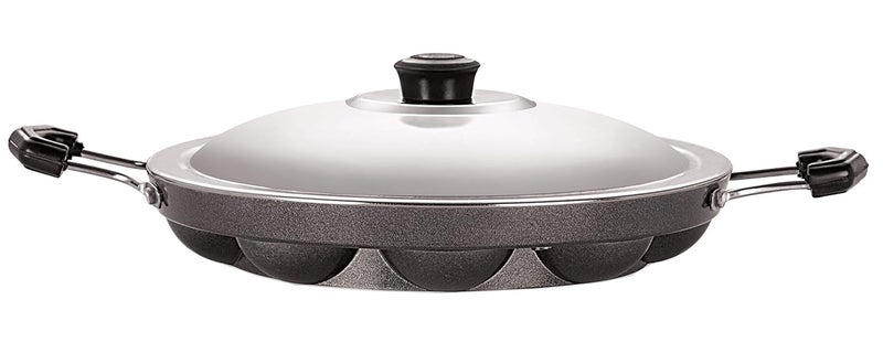 Nirlon Nirlon 12 Cavity Non-Stick Aliminium Appam Patra,paniyarakal with 2 Side Handle and Stainless Steel lid - Image 1