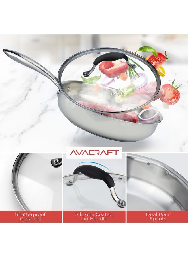 AVACraft (Tri-Ply Capsule Bottom, 25cm ) - 18/10 Stainless Steel Frying Pan with Glass Lid, Two Side Spouts for Easy Pour and Ergonomic Handle, Fry Pan (Tri-Ply Capsule Bottom, 25cm ) - Image 4