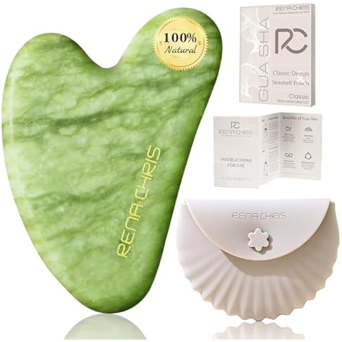Rena Chris Gua Sha Facial Tools, Xiuyan Jade Stone Guasha Tool for Face Massage, Manual Facial Massager Tool for Jawline Sculpting and Puffiness Reduction with Silicone Case (Green) - Image 1
