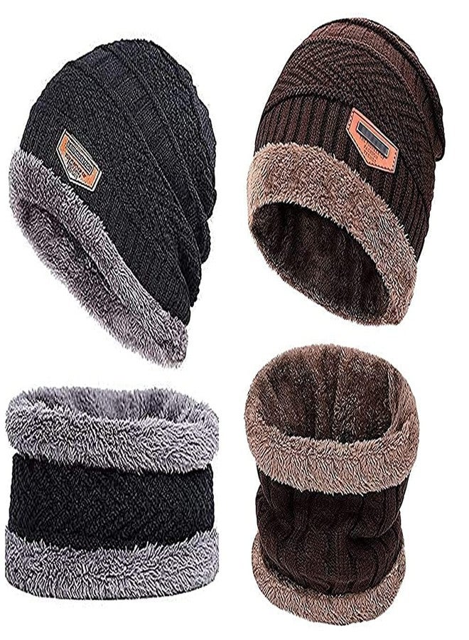 NAITH 2 Pairs Men's & Women's Snow Proof,Inside Fur, Warm Woolen Cap with Neck Muffler/Neck Warmer/Scarf for Winters - Free Size Unisex Beanie Cap with Neck Warmer (Black,Brown, Wool) - Image 2