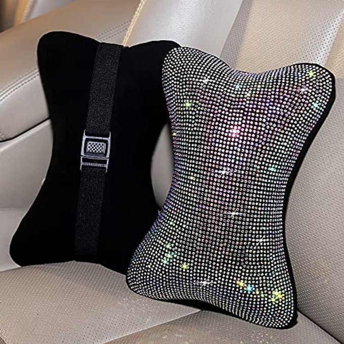 CARWALES 2 Pcs Colorful Bling Car Neck Pillow For Car Seat Driver, Auto Seat Headrest Cushion Driving Relax Neck Support Crystal Rhinestone Diamond Rainbow Bling Accessories For Woman - Image 3