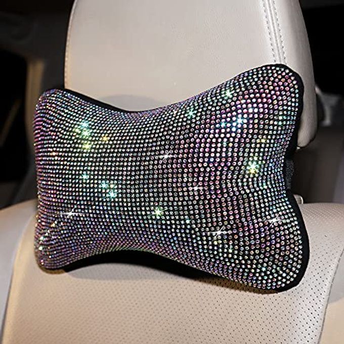 CARWALES 2 Pcs Colorful Bling Car Neck Pillow For Car Seat Driver, Auto Seat Headrest Cushion Driving Relax Neck Support Crystal Rhinestone Diamond Rainbow Bling Accessories For Woman - Image 2