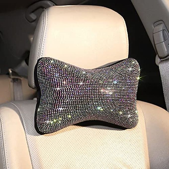 CARWALES 2 Pcs Colorful Bling Car Neck Pillow For Car Seat Driver, Auto Seat Headrest Cushion Driving Relax Neck Support Crystal Rhinestone Diamond Rainbow Bling Accessories For Woman - Image 4