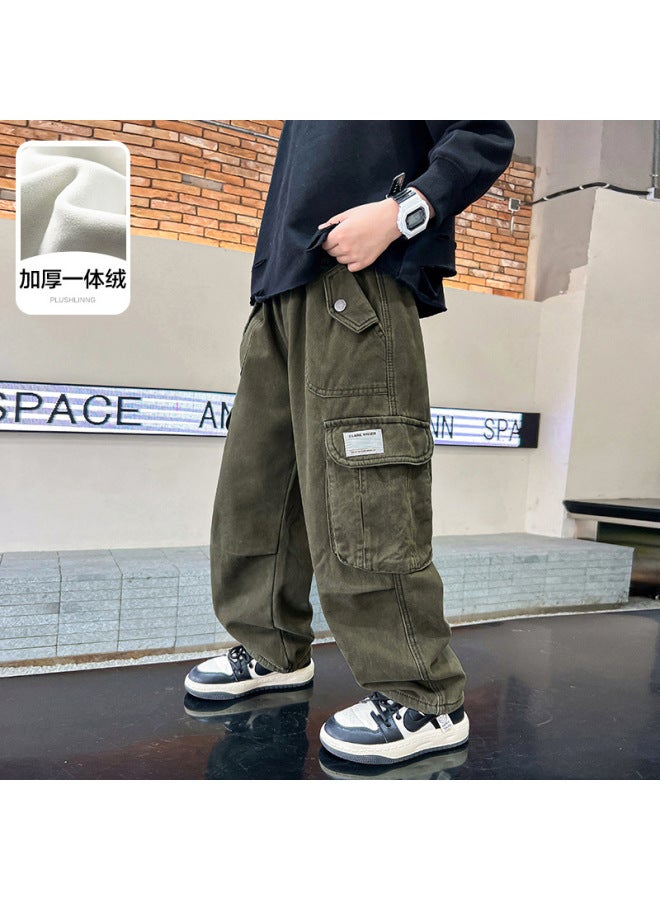 Boys' Winter Wear Fleece-lined One-piece Velvet Workwear Wide-leg Pants New Casual Trousers Children's Winter Thickened Pants
