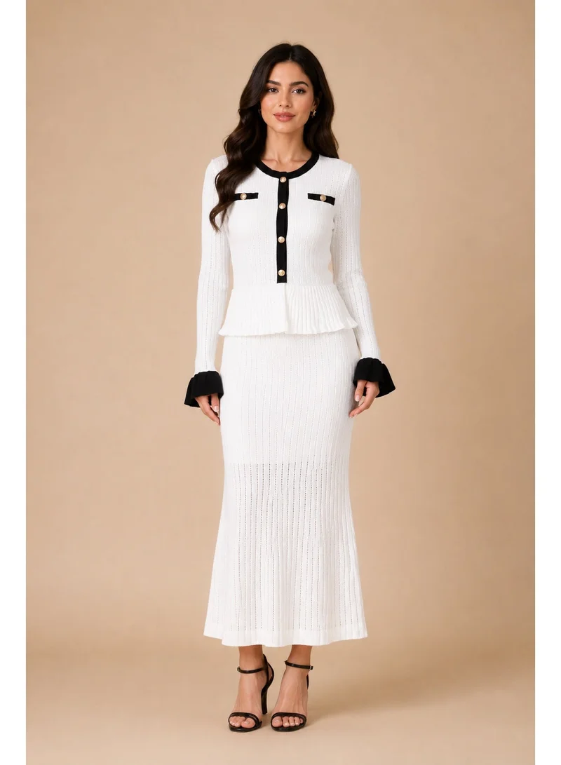 2Trendy Women's White Knit Maxi Dress with Gold Buttons and Black Trims