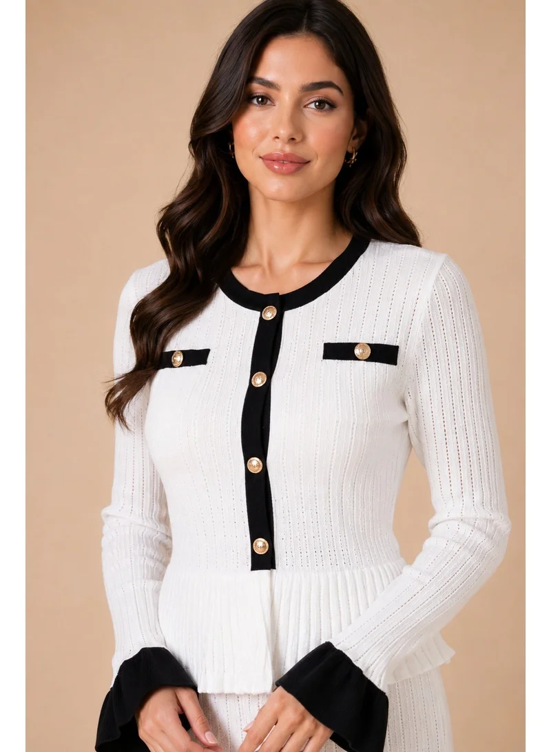 2Trendy Women's White Knit Maxi Dress with Gold Buttons and Black Trims