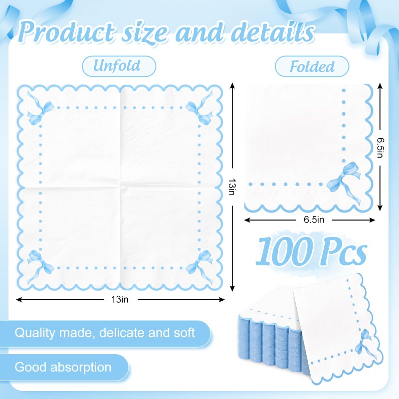 JarThenaAMCS JarThenaAMCS 100Pcs Blue Bow Paper Napkins Cute Scalloped Napkins Disposable Dinner Dessert Napkins for Coquette Birthday Party Supplies Table Decor  - Image 2