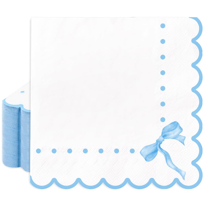 JarThenaAMCS JarThenaAMCS 100Pcs Blue Bow Paper Napkins Cute Scalloped Napkins Disposable Dinner Dessert Napkins for Coquette Birthday Party Supplies Table Decor  - Image 1