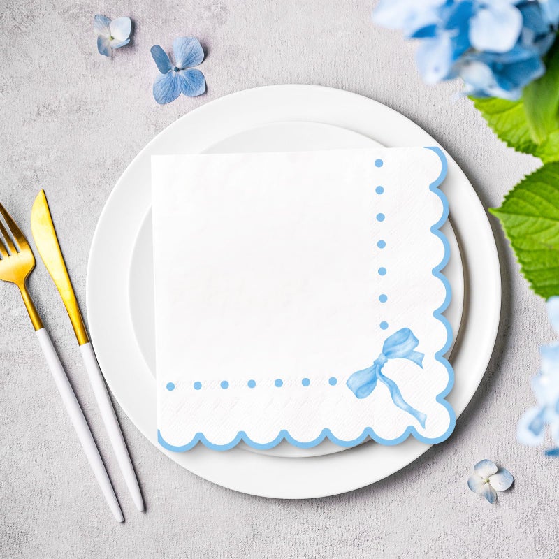 JarThenaAMCS JarThenaAMCS 100Pcs Blue Bow Paper Napkins Cute Scalloped Napkins Disposable Dinner Dessert Napkins for Coquette Birthday Party Supplies Table Decor  - Image 5