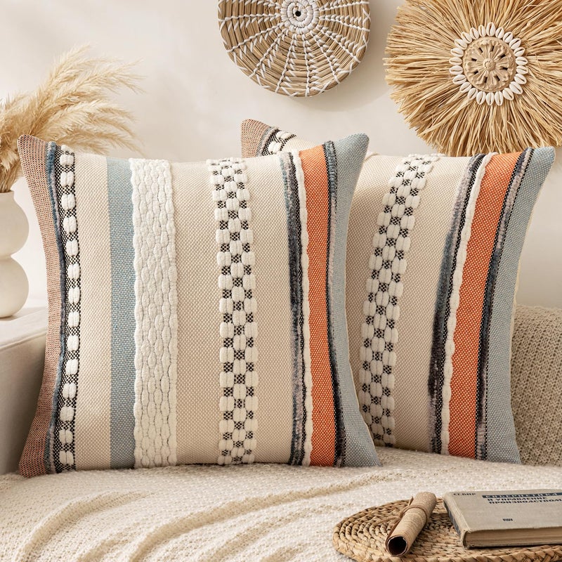 ANRODUO Pack of 2 Boho Decorative Throw Pillow Covers 18x18 Farmhouse Cushion Case Striped Chenille Pillow Cases Square Pillow Covers Accent Neutral Pillowcase for Sofa Couch Bed, Orange-Blue Stripe - Image 1