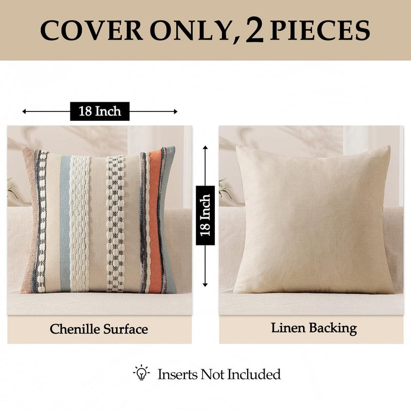 ANRODUO Pack of 2 Boho Decorative Throw Pillow Covers 18x18 Farmhouse Cushion Case Striped Chenille Pillow Cases Square Pillow Covers Accent Neutral Pillowcase for Sofa Couch Bed, Orange-Blue Stripe - Image 4