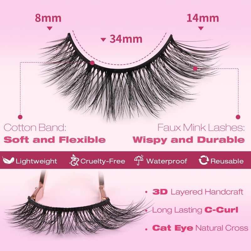 Kiromiro False Eyelashes 14mm Faux 3D Mink Lashes Natural Look Cat Eye Wispy Lashes Pack by Kiromiro, 14 Pairs - Image 2