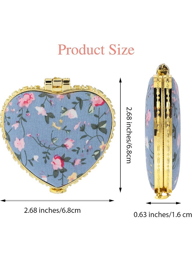 2 Pcs Mini Heart Folding Compact Mirror for Purse, Vintage Double-Sided Flower Makeup Mirrors Portable Trave Cosmetic Mirror for Women Girls Pocket (Pink, Blue) - Image 2