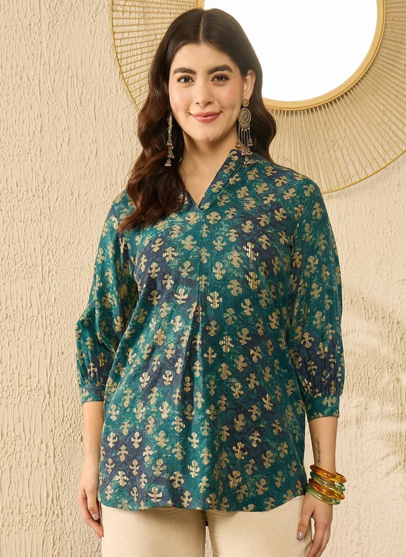 ZERESOUQ Blue Cotton Blend Ethnic Motifs Printed Tunic Top