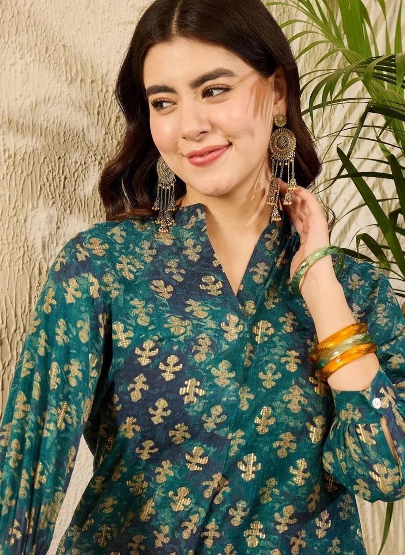 ZERESOUQ Blue Cotton Blend Ethnic Motifs Printed Tunic Top