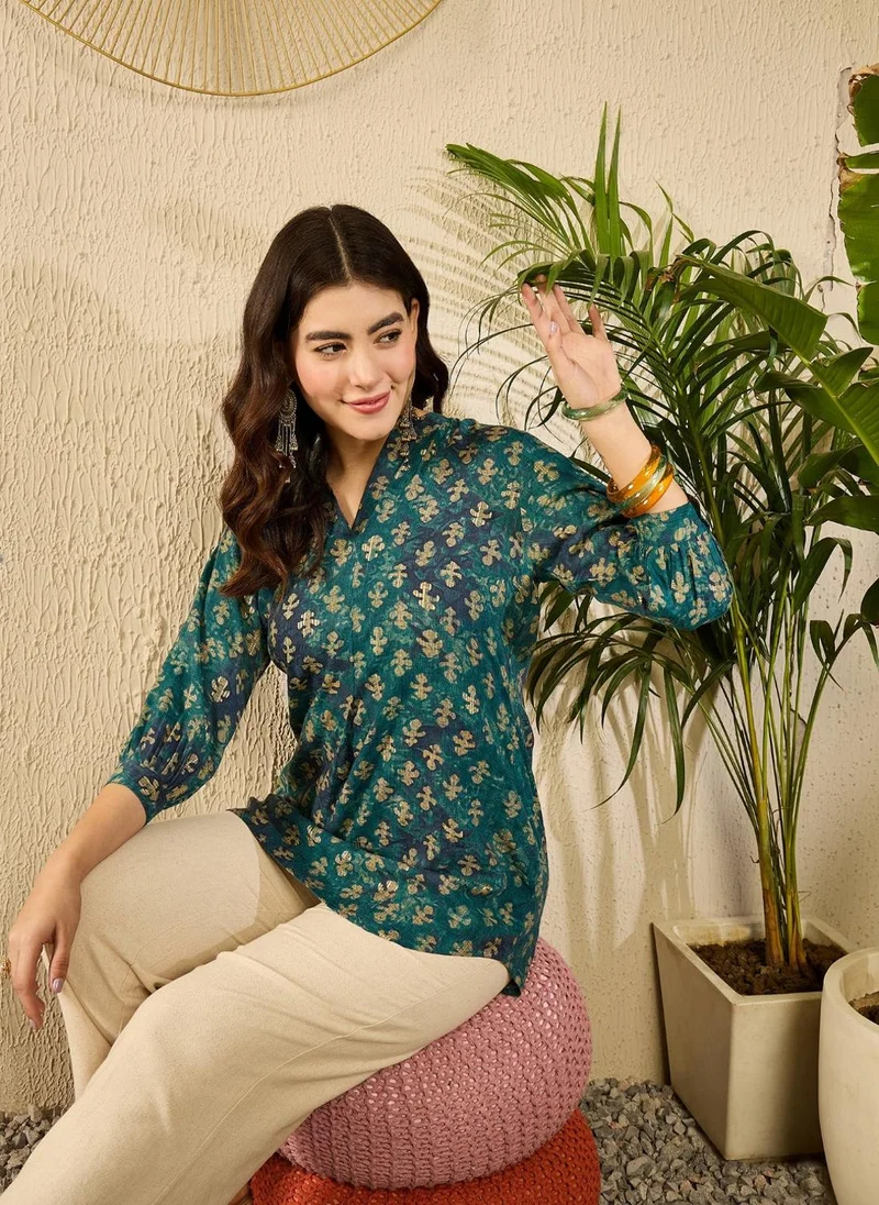 ZERESOUQ Blue Cotton Blend Ethnic Motifs Printed Tunic Top
