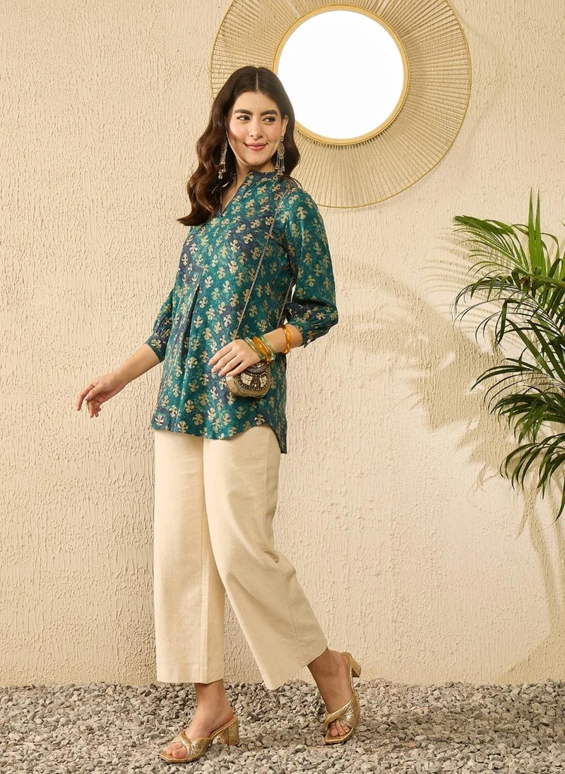 ZERESOUQ Blue Cotton Blend Ethnic Motifs Printed Tunic Top