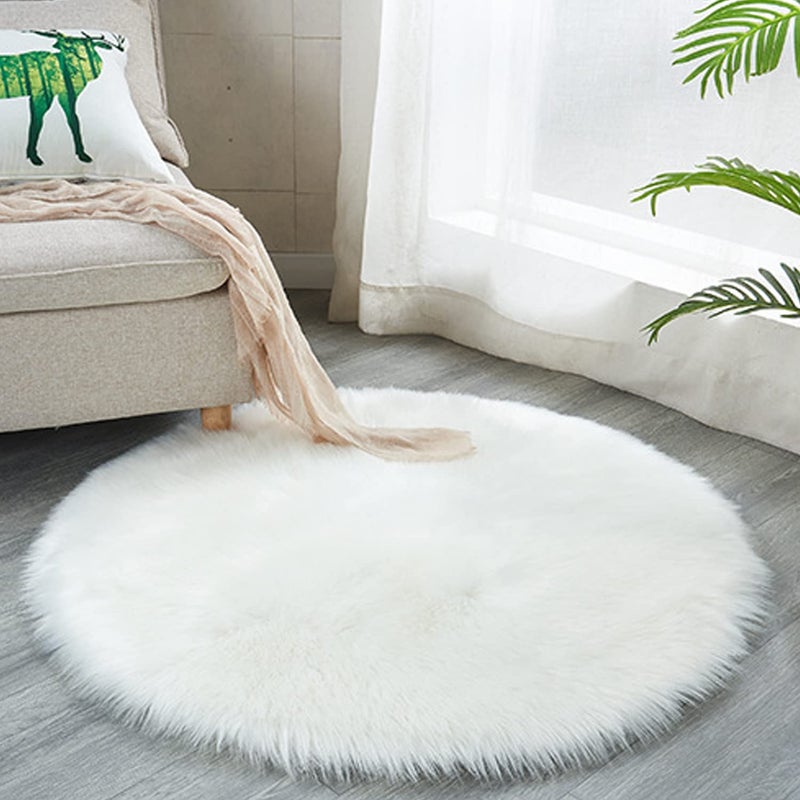 CHITONE Round Faux Fur Sheepskin Rugs Soft Shaggy Area Rug Home Decorative Bedroom Fluffy Carpet Rug Diameter 3 Feet White 