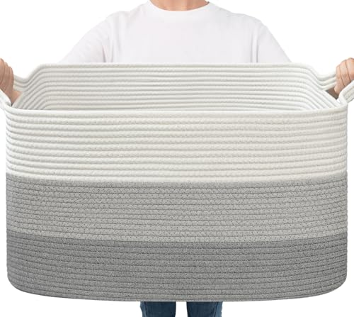 Goodpick Storage Basket, 21.6" x 14.9" x 11.8", Blanket Basket for Living Room, Large Woven Baskets for Storage, Toy Organizer, Rectangle Rope Baskets for Organizing, Gray - Image 1