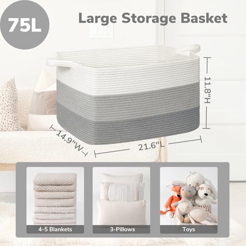 Goodpick Storage Basket, 21.6" x 14.9" x 11.8", Blanket Basket for Living Room, Large Woven Baskets for Storage, Toy Organizer, Rectangle Rope Baskets for Organizing, Gray - Image 3