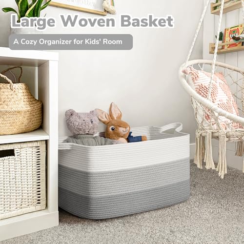 Goodpick Storage Basket, 21.6" x 14.9" x 11.8", Blanket Basket for Living Room, Large Woven Baskets for Storage, Toy Organizer, Rectangle Rope Baskets for Organizing, Gray - Image 2