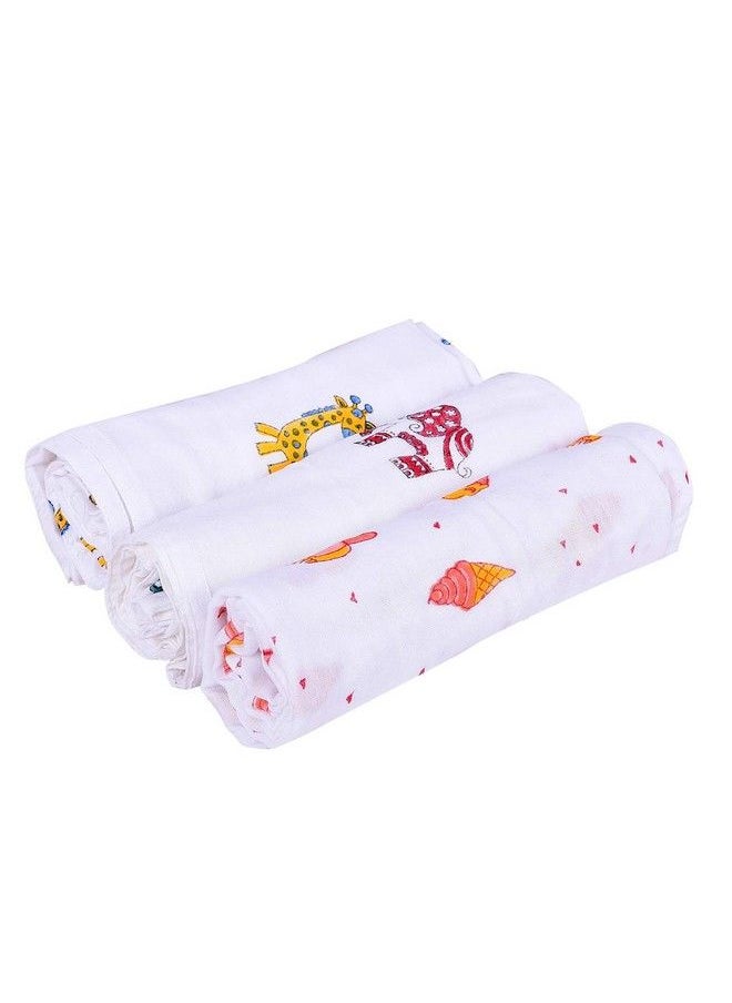 MOM'S HOME Organic Cotton Baby Muslin Cloth Swaddle018 Months (Pack Of 3) (Animal Giraff Icecream)  - Image 2
