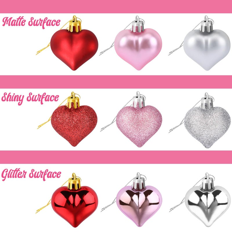 JULMELON 24Pcs Valentine's Day Heart Shaped Ornaments Romantic Valentines Heart Hanging Tree Ornaments Decorations for Home Valentine Tree Wedding Party (Red, Pink,Rose Gold and Silver) - Image 3