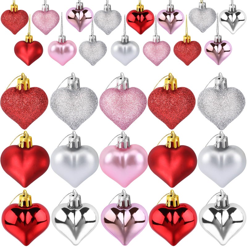 JULMELON 24Pcs Valentine's Day Heart Shaped Ornaments Romantic Valentines Heart Hanging Tree Ornaments Decorations for Home Valentine Tree Wedding Party (Red, Pink,Rose Gold and Silver) - Image 1