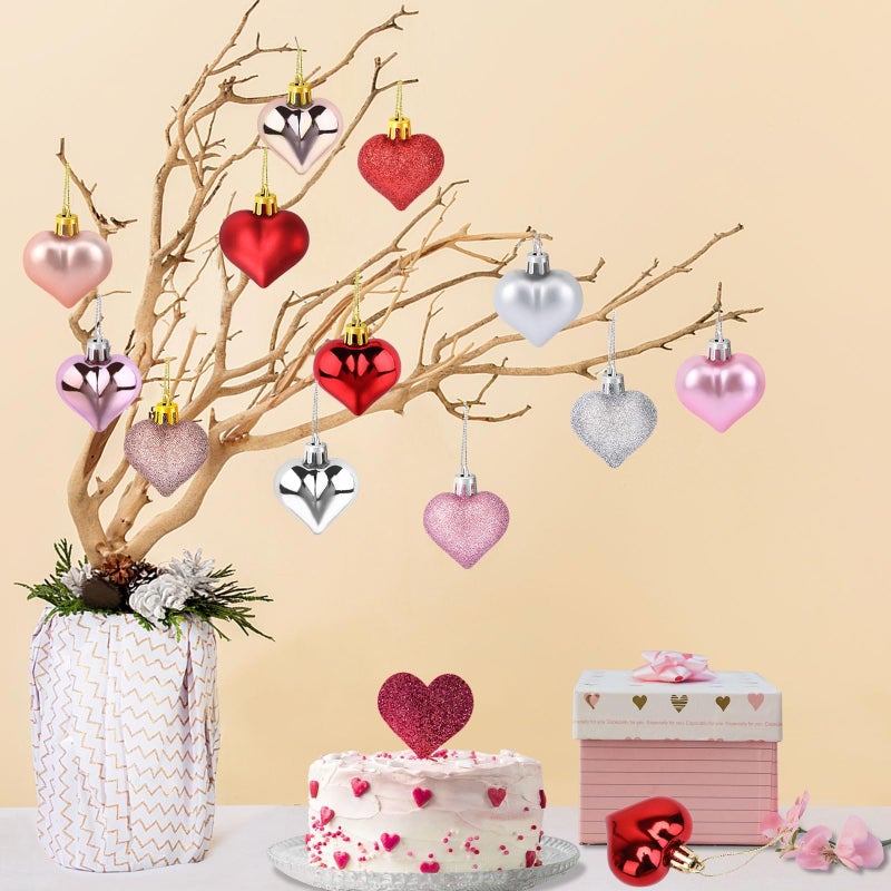 JULMELON 24Pcs Valentine's Day Heart Shaped Ornaments Romantic Valentines Heart Hanging Tree Ornaments Decorations for Home Valentine Tree Wedding Party (Red, Pink,Rose Gold and Silver) - Image 5