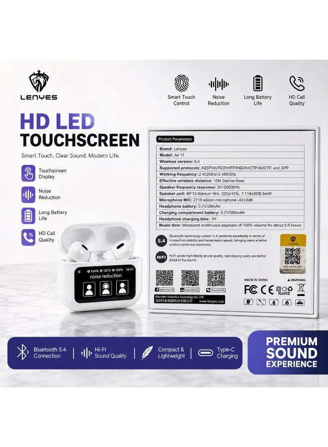 LENYES Air 11 Wireless Earbuds with HD LED Touchscreen, Bluetooth 5.4, Noise Reduction, Hi-Fi Sound, Smart Touch Control & Charging Case – White - Image 3