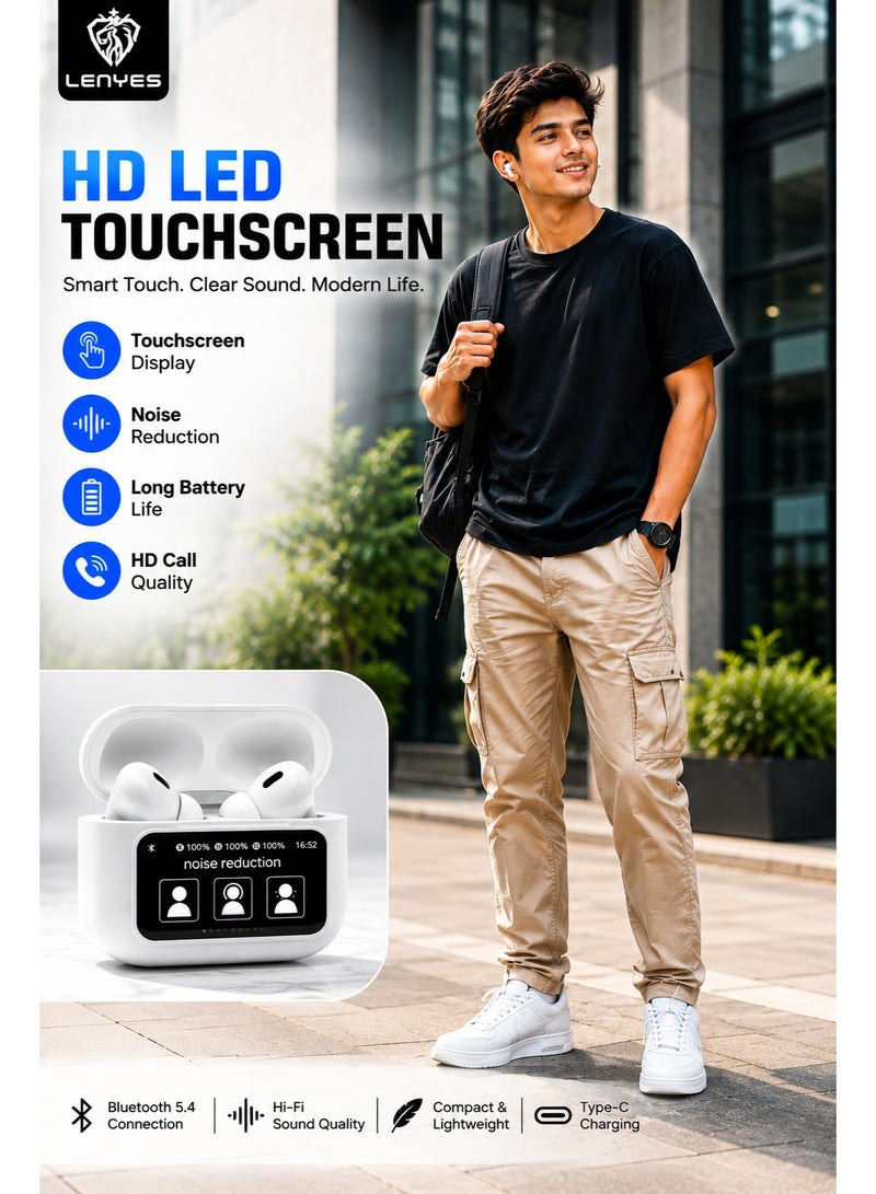 LENYES Air 11 Wireless Earbuds with HD LED Touchscreen, Bluetooth 5.4, Noise Reduction, Hi-Fi Sound, Smart Touch Control & Charging Case – White - Image 2