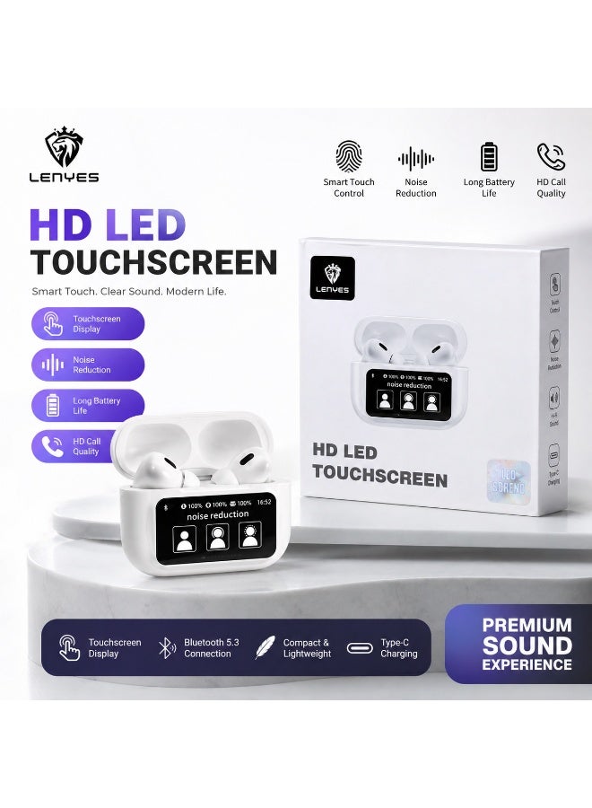 LENYES Air 11 Wireless Earbuds with HD LED Touchscreen, Bluetooth 5.4, Noise Reduction, Hi-Fi Sound, Smart Touch Control & Charging Case – White - Image 5