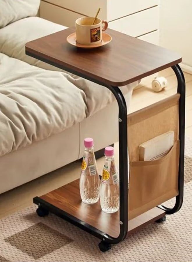 Snooe Modern Style C Shaped Narrow Laptop End Table with Wheels Snack and Side Pocket for Living Room Bedroom Sofa Bed - Image 1