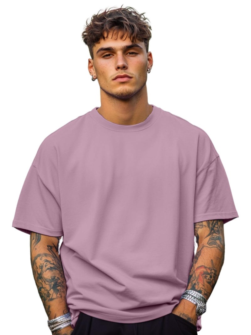 Veirdo®Lilac Oversized Baggy Fit Drop Shoulder Half Sleeves Round Neck Solid Pure Cotton T-Shirt for Men (OS_100_Lilac_L) - Image 1