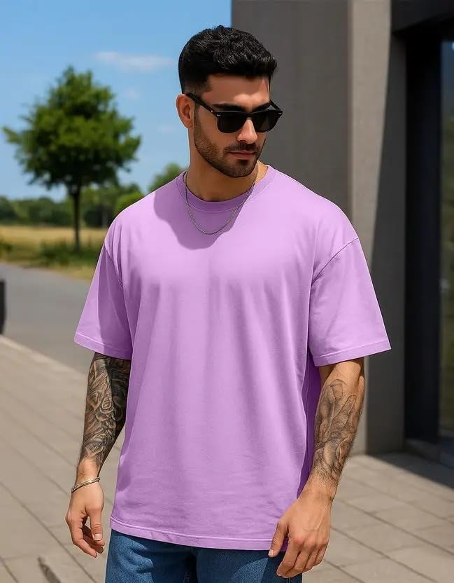 Veirdo®Lilac Oversized Baggy Fit Drop Shoulder Half Sleeves Round Neck Solid Pure Cotton T-Shirt for Men (OS_100_Lilac_L) - Image 2