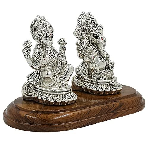 MAA SILVER Pure Silver Lakshmi/Laxmiji & Ganesha/Ganpatiji BIS Hallmarked Hollow Idol/Murti with Wooden Base Perfect for Gifting Home Office Puja Use (999 Purity) (80 Grams Silver) - Image 3