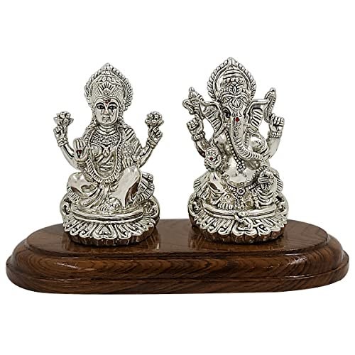 MAA SILVER Pure Silver Lakshmi/Laxmiji & Ganesha/Ganpatiji BIS Hallmarked Hollow Idol/Murti with Wooden Base Perfect for Gifting Home Office Puja Use (999 Purity) (80 Grams Silver) - Image 1