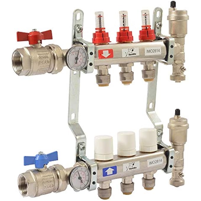 3 LOOP RADIANT HEATING MANIFOLD, PUSH TO CONNECT BRASS PLUMBING FITTING, PEX PIPE, PE-RT, 24930 - Image 1