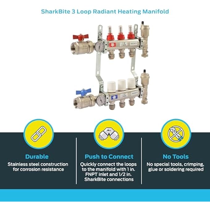 3 LOOP RADIANT HEATING MANIFOLD, PUSH TO CONNECT BRASS PLUMBING FITTING, PEX PIPE, PE-RT, 24930 - Image 3