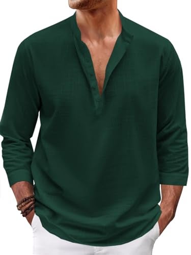Karlywindow Mens Linen Henley Shirts Long Sleeve Hippie Yoga Summer Beach Casual Henleys T-Shirt Green - Image 5