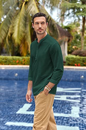 Karlywindow Mens Linen Henley Shirts Long Sleeve Hippie Yoga Summer Beach Casual Henleys T-Shirt Green - Image 3