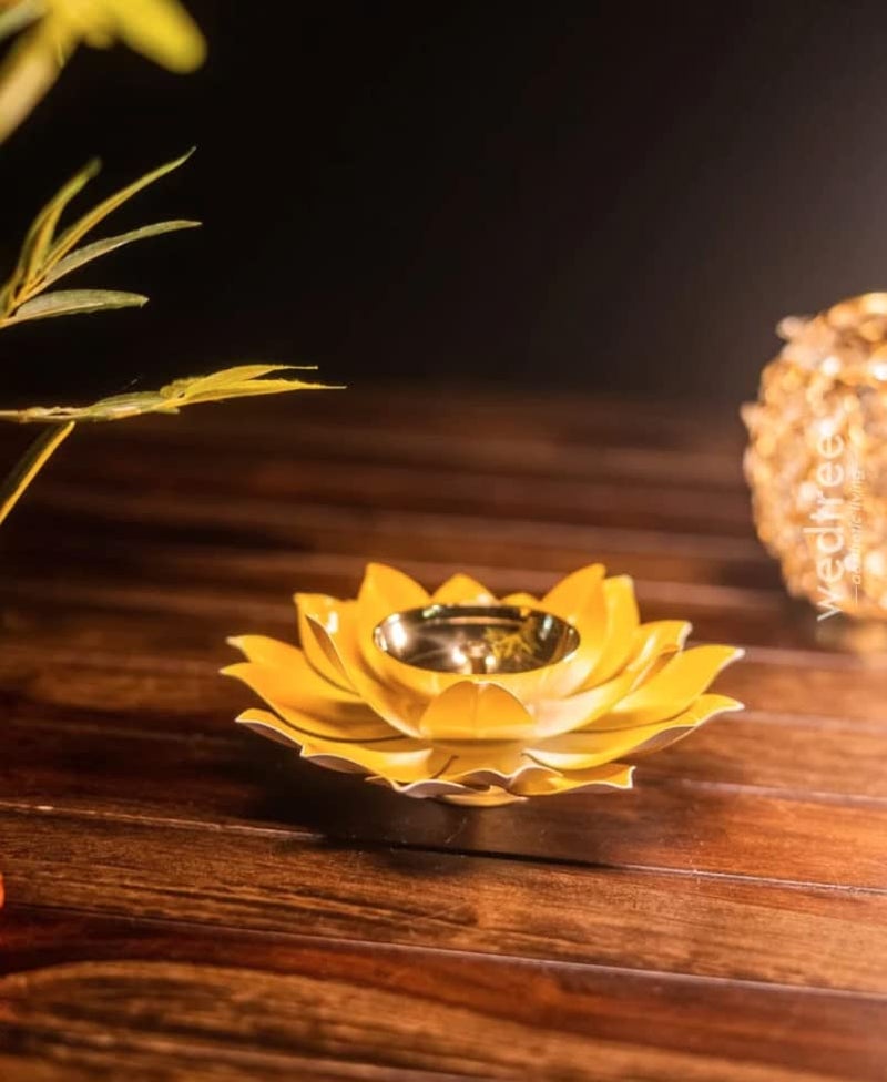 Quace Quace Brass Lotus Flower Shaped 6 inch Diya Yellow  - Image 1