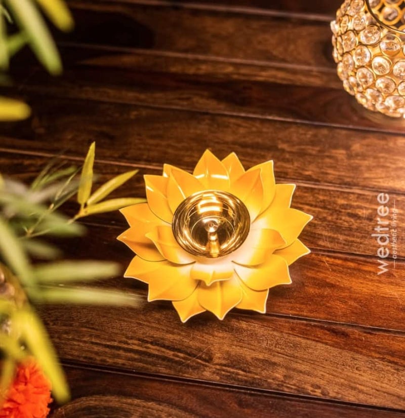 Quace Quace Brass Lotus Flower Shaped 6 inch Diya Yellow  - Image 4