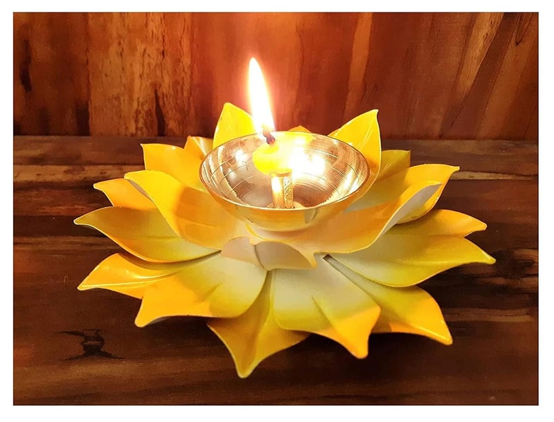 Quace Quace Brass Lotus Flower Shaped 6 inch Diya Yellow  - Image 2