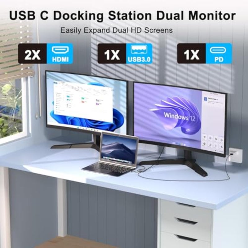 HDMI Splitter for Dual Monitors, Dual HDMI Adapter with USB 3.0 and 100W PD, 4K@60Hz DisplayPort to MST Hub, Extended Display, USB-C Multiport Hub, Laptop Docking Station for Dell, HP, Mac - Image 2