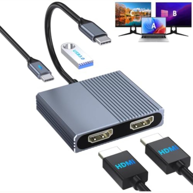 HDMI Splitter for Dual Monitors, Dual HDMI Adapter with USB 3.0 and 100W PD, 4K@60Hz DisplayPort to MST Hub, Extended Display, USB-C Multiport Hub, Laptop Docking Station for Dell, HP, Mac - Image 1
