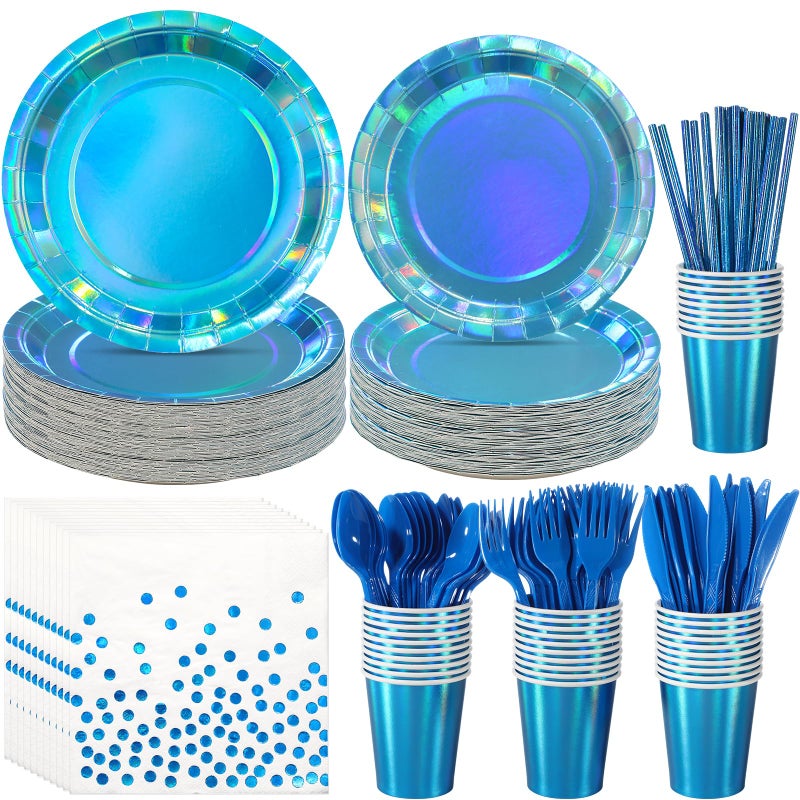 FunnyPars Iridescent Blue Party Supplies Decorations Serve 25 Holographic Blue Paper Plates and Napkins Disposable Iridescent Party Plates Cups Napkins for Wedding Anniversary Birthday Bridal Shower Party - Image 2