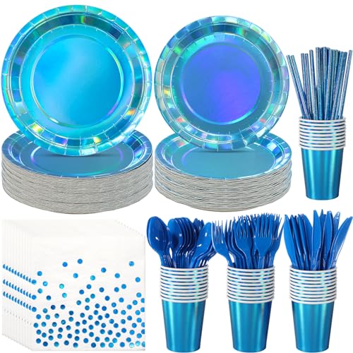 FunnyPars Iridescent Blue Party Supplies Decorations Serve 25 Holographic Blue Paper Plates and Napkins Disposable Iridescent Party Plates Cups Napkins for Wedding Anniversary Birthday Bridal Shower Party - Image 1